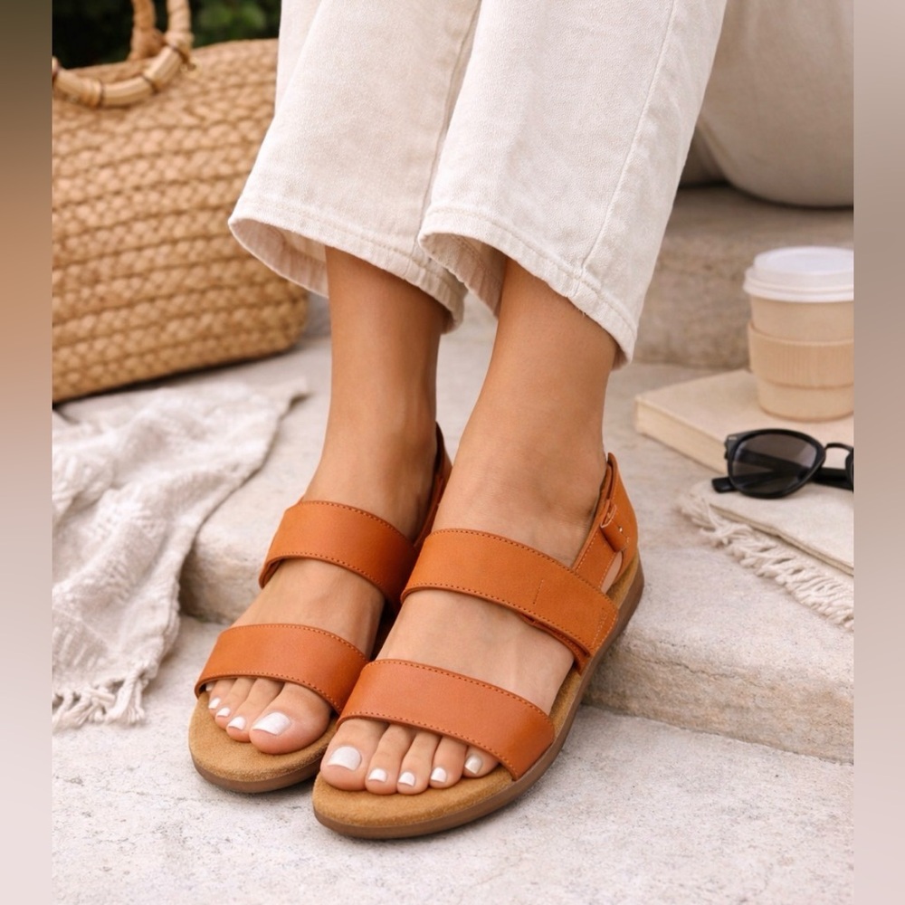 Natural Soul Abbie Tan Faux Leather Comfort Sandals – Velcro Straps – Size 9